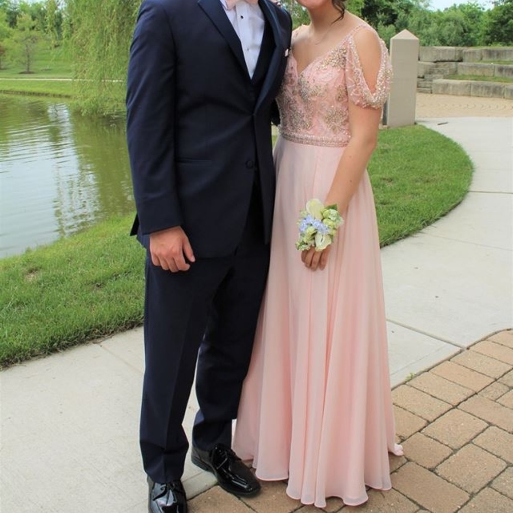 blush beaded floor length prom homecoming dress